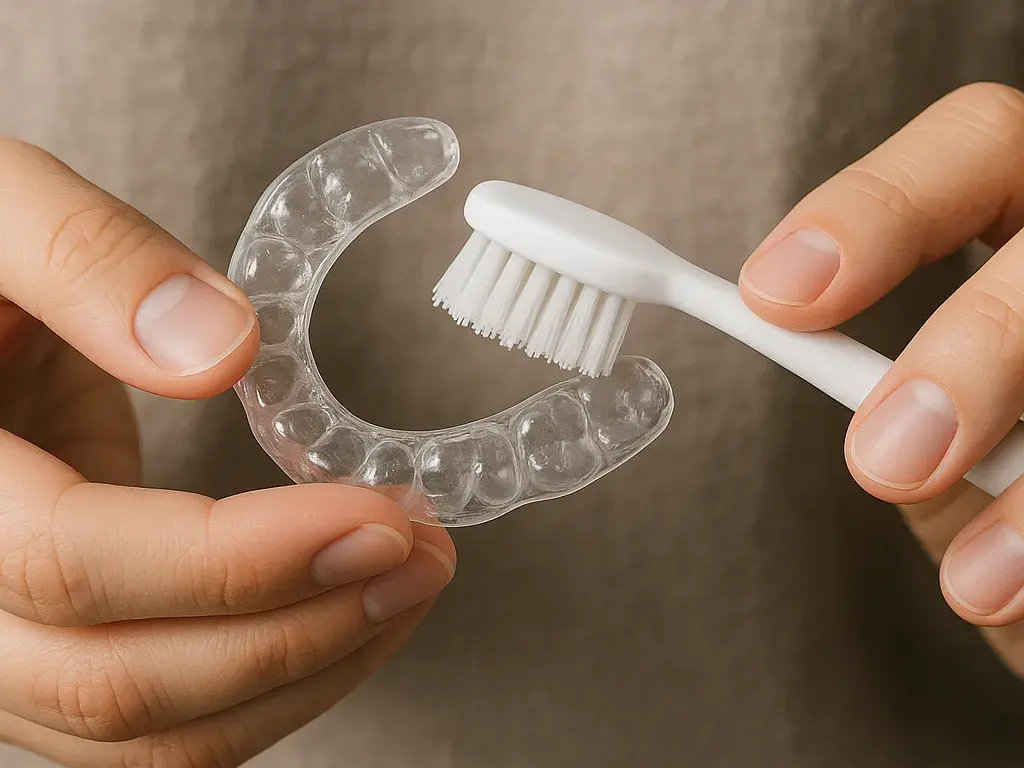A man gently brushing a clear retainer.
