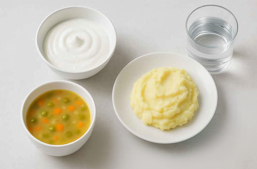 Soft foods and water laid out to aid recovery.